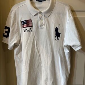 Ralph Lauren White Polo Shirt with USA Flag and Navy Accents